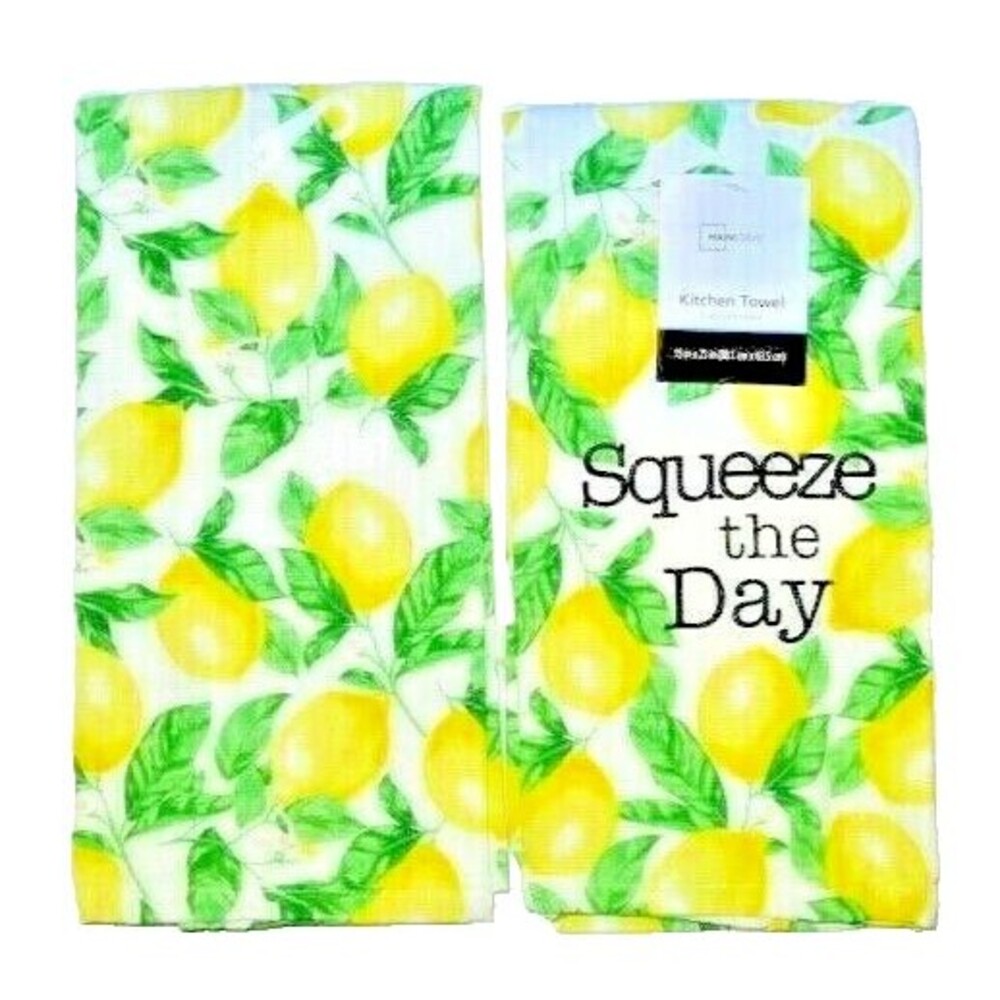 Squeeze the Day Lemons Kitchen Towels Summer Fruit White Yellow Green Set of 2